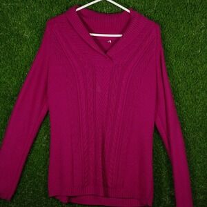 Womens L-XL Cable Knit Sweater Magenta V Neck Long Sleeve Fashion Top